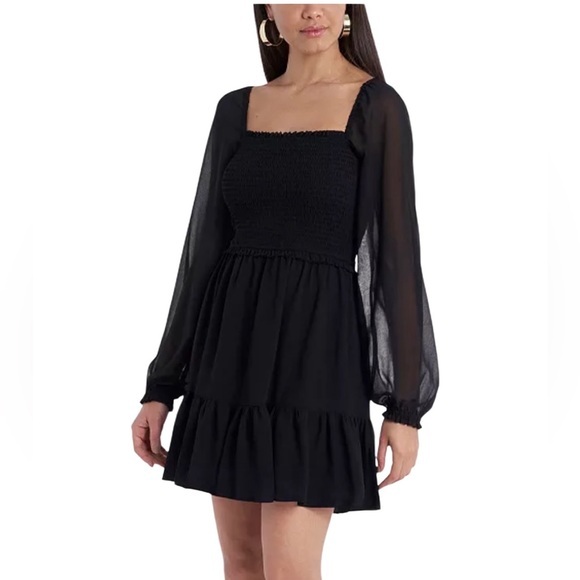 1.STATE‎ Women's Mini Black Smocked Ruffle Hem Long Sheer Sleeve Dress Goth NWOT - Picture 1 of 13
